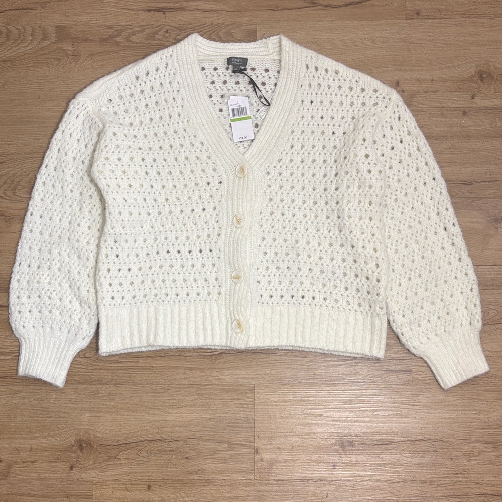 Ninety Ivory Textured Knit Cardigan NWT Size L Neutral Layering Sweater
